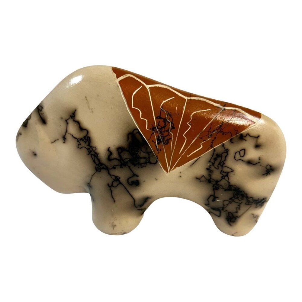 Navajo Horsehair Pottery Buffalo Design 6” Long Hand Painted Etched Southwest